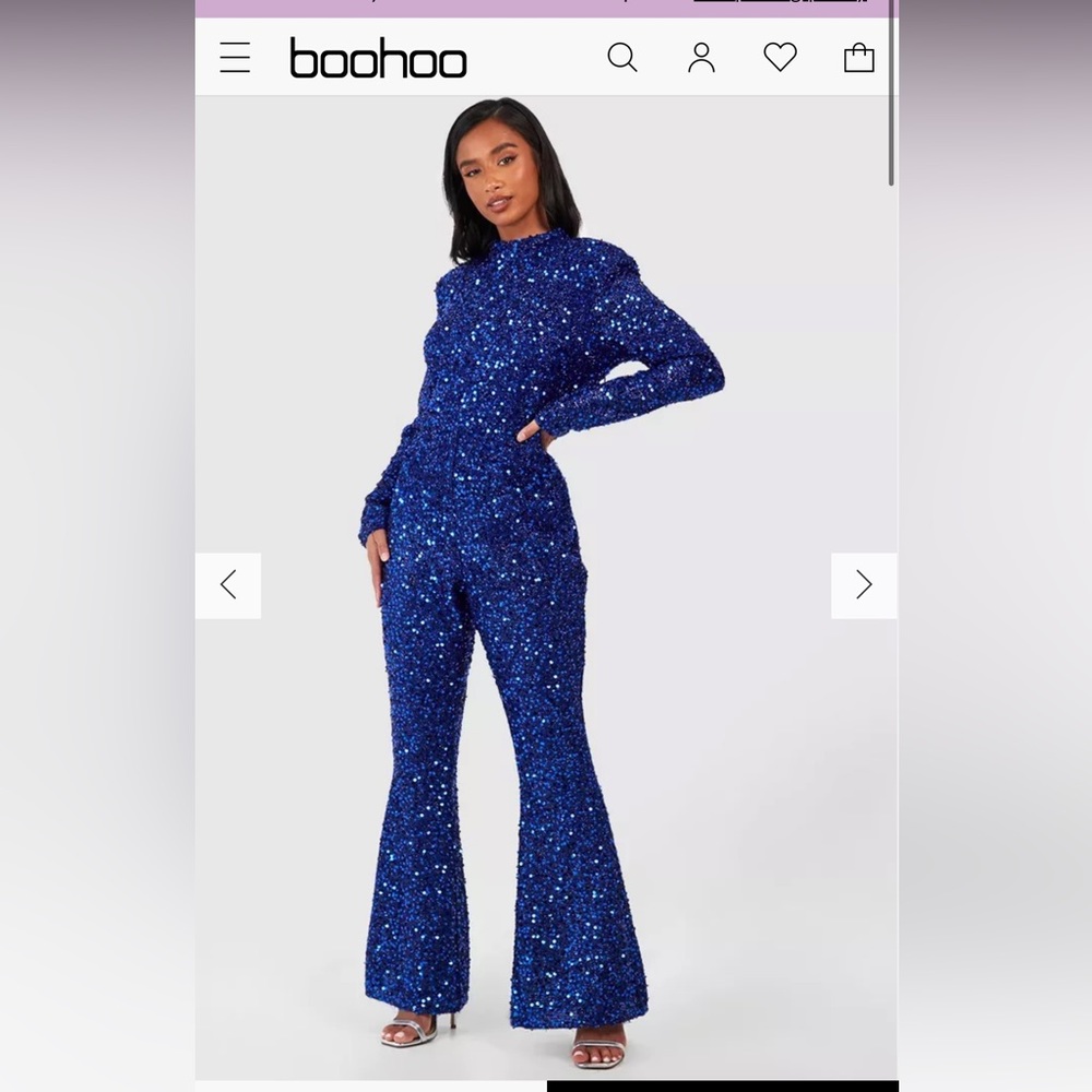 Royal Blue PETITE SEQUIN SHOULDER PAD BACKLESS JUMPSUIT BooHoo Mamma mia Disco